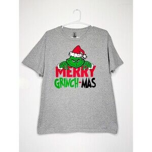 Merry Grinch-Mas Graphic Tee Youth XL Gray Gildan Heavy Cotton Unisex Christmas